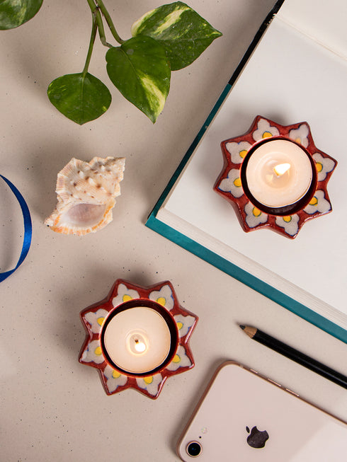 Blue Pottery T-Light Holder Set Of 2 Pcs.